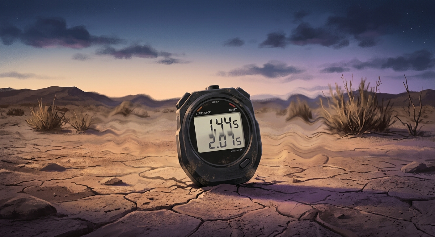 A digital stopwatch on cracked desert ground at dusk, showing 1.44s melting down into 2.07s beneath like a mirage