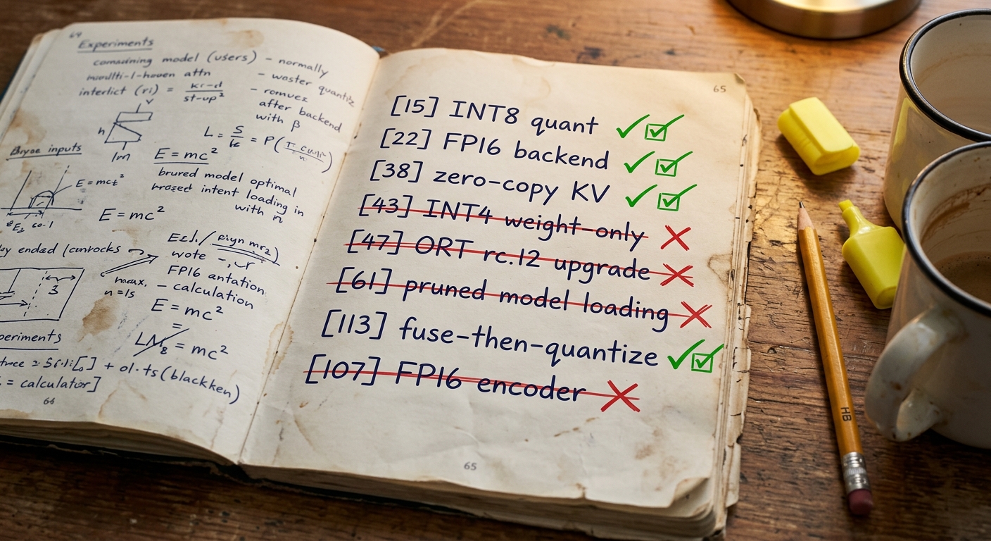 An open engineer&rsquo;s notebook with handwritten experiment numbers, some ticked green, others crossed out in red, a coffee mug and highlighter beside it