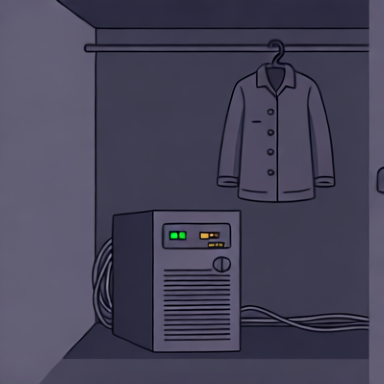 Clipart of a small server with green and amber LEDs sitting in a dark closet, cables coming out the back, a coat hanging on a rail above