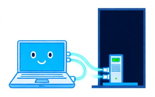 A friendly cartoon laptop connected by glowing cables to a small server in a dark closet