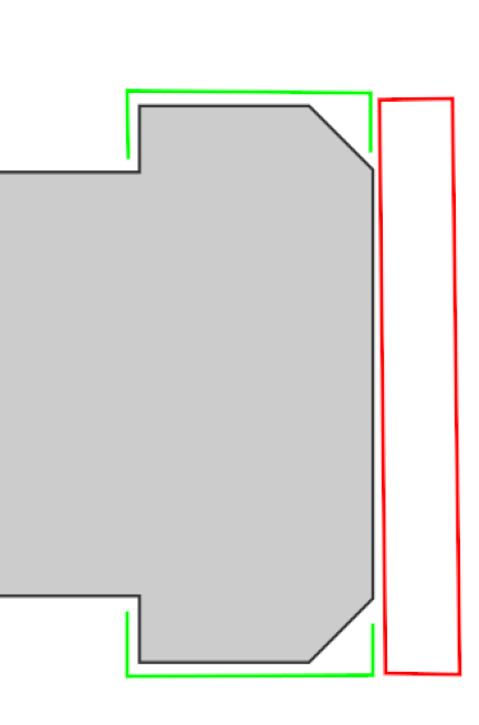 Top profile of the radiator with the shroud drawn in green and the fan in red