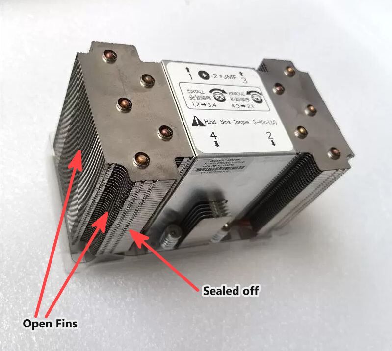 Photo of the real heatsink with &ldquo;Open Fins&rdquo; and &ldquo;Sealed off&rdquo; written on it