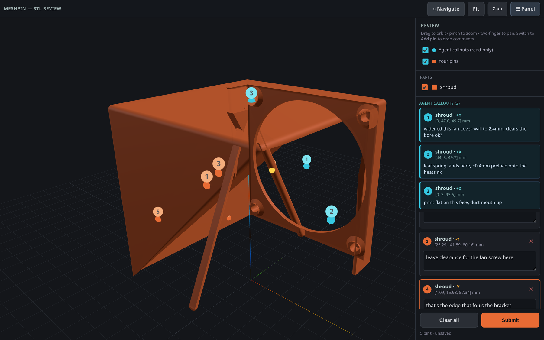 meshpin in action, my orange pins and Claude&rsquo;s cyan callouts, each one pinned to the exact spot with its comment
