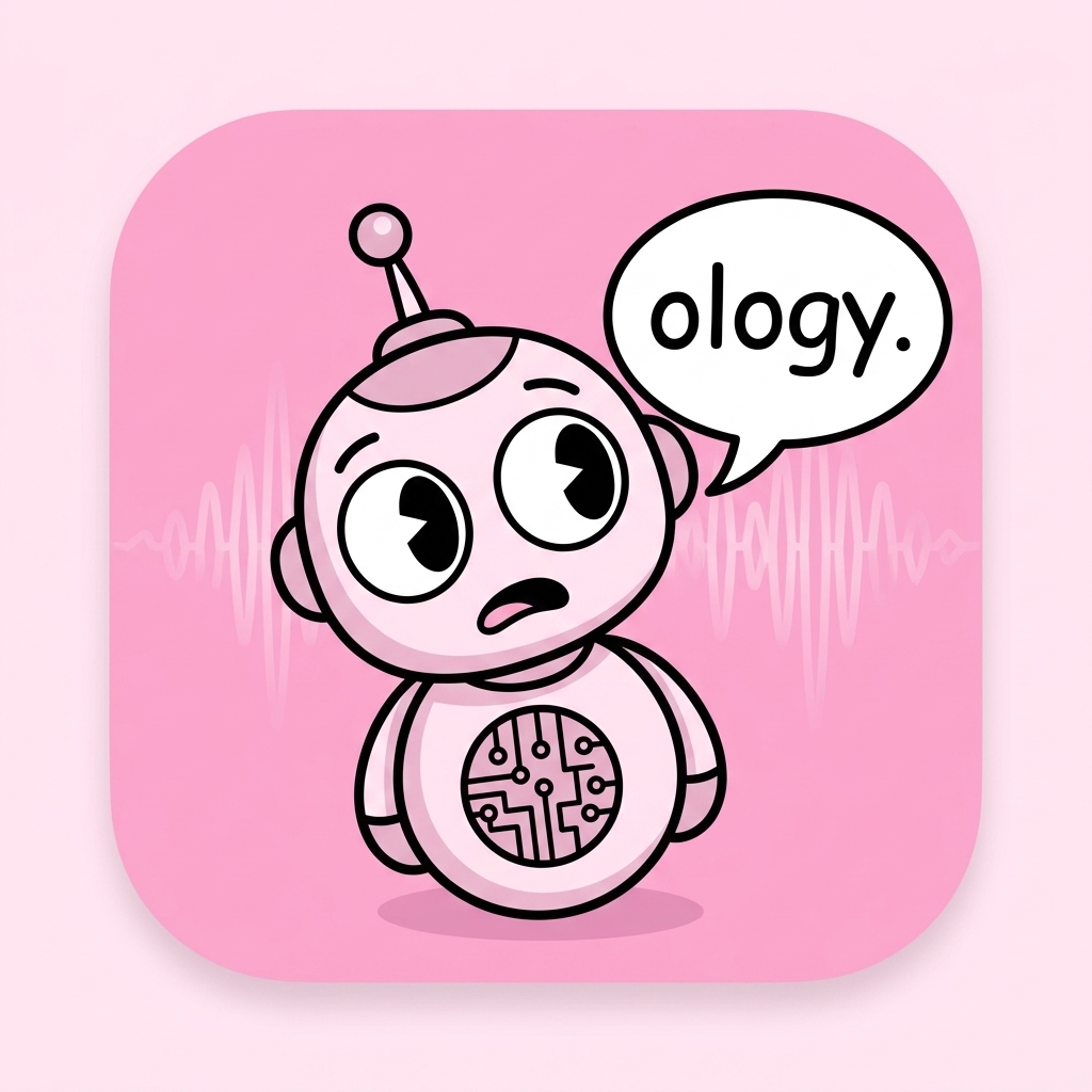 A cute cartoon robot looking confused, with a speech bubble saying &ldquo;ology.&rdquo; on a pink pastel background