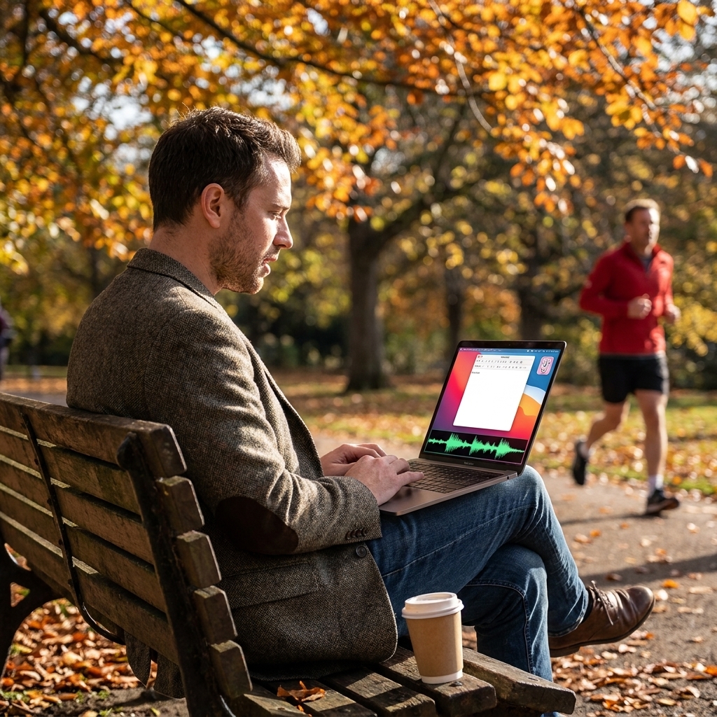 A man sits on a park bench with a laptop on his lap, dictating quietly, a jogger passing in the background