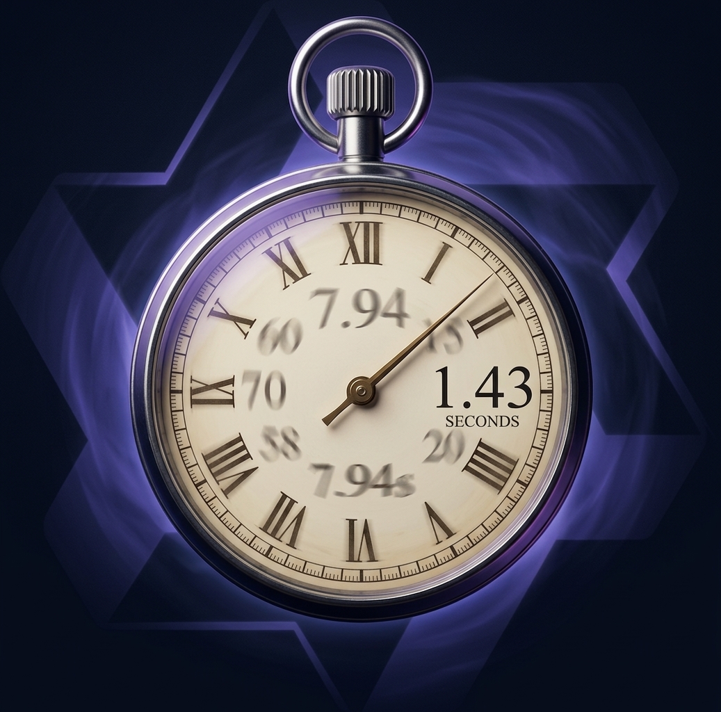 A vintage pocket stopwatch on a dark purple backdrop, 7.94s motion-blurred and 1.43 seconds sharp, hexagram vapor trails behind