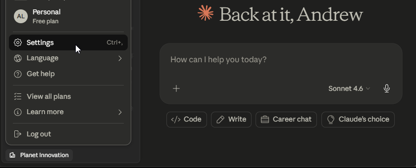 Claude Desktop settings menu
