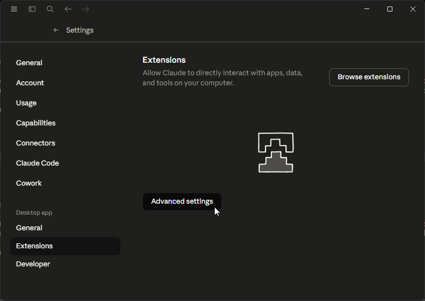 Settings page with Extensions section
