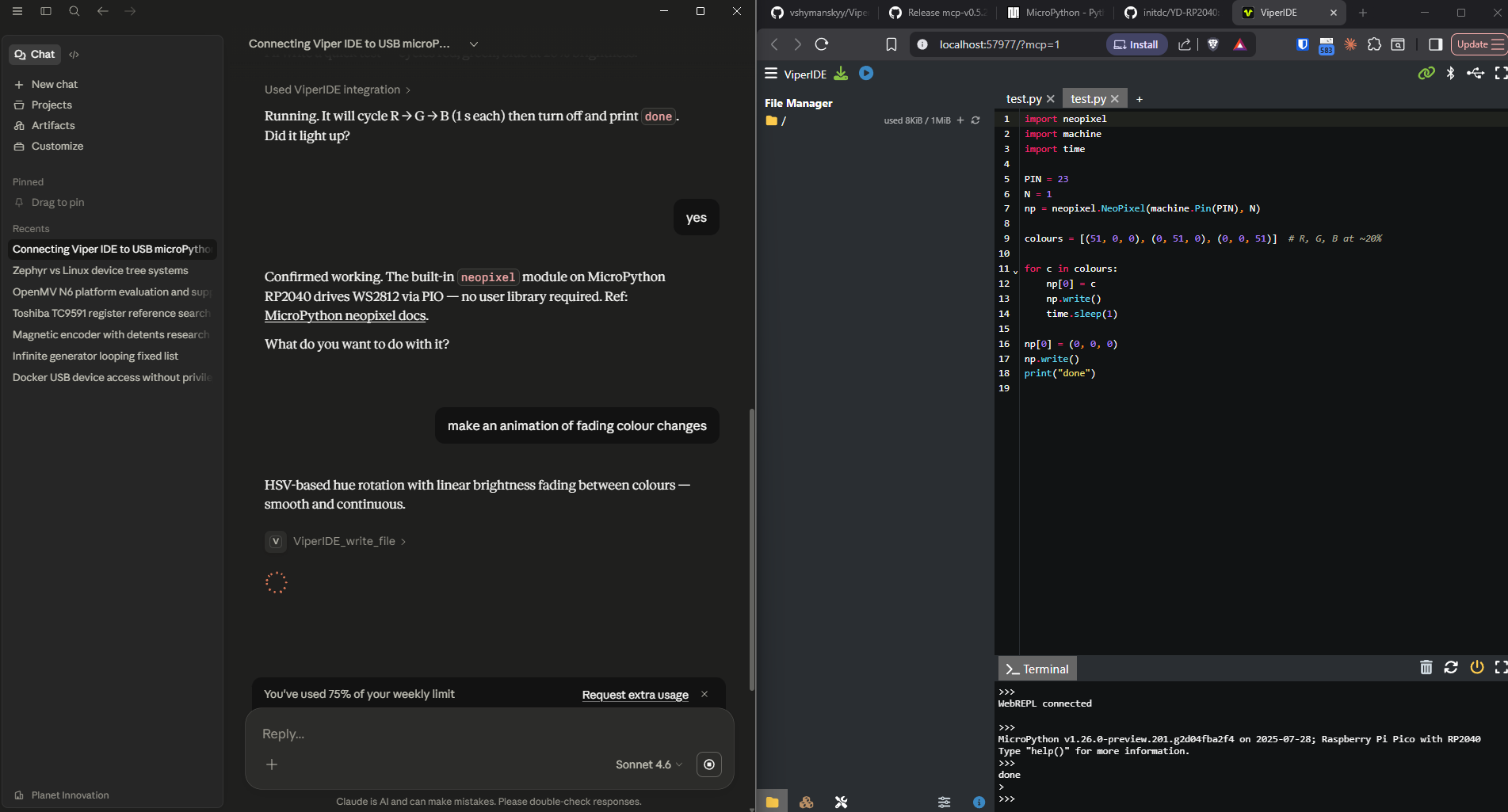 Claude extending the script with colour animations