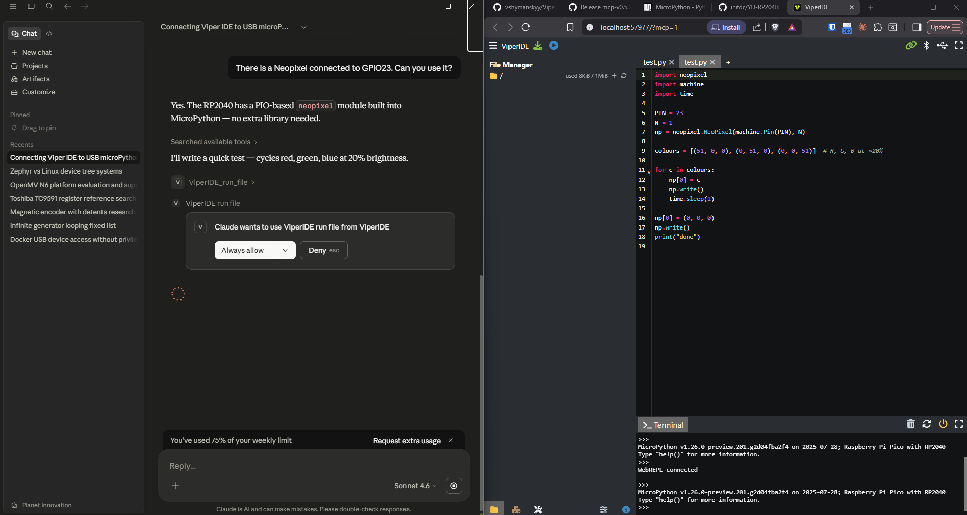Claude writing and running a neopixel test script